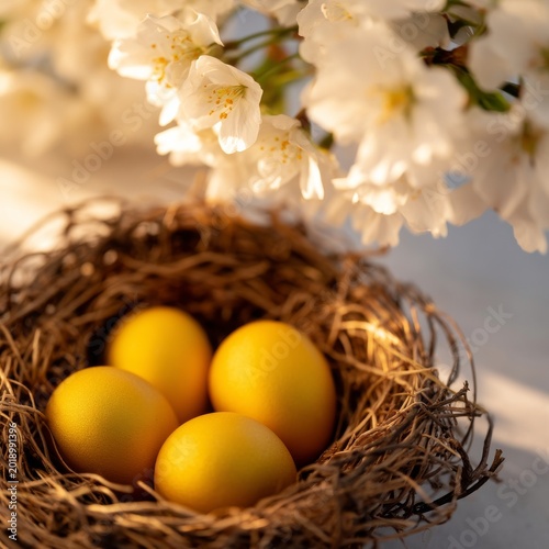 Nest With Yellow Eggs and White Flowers in Sunlight During Springtime