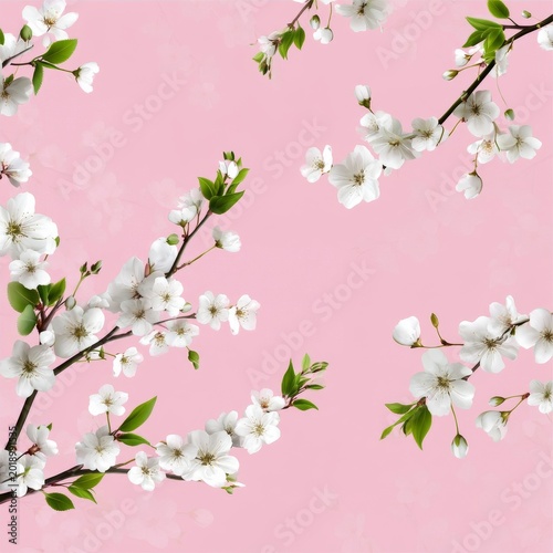Blossoming White Flowers Against a Light Pink Background in Spring Season
