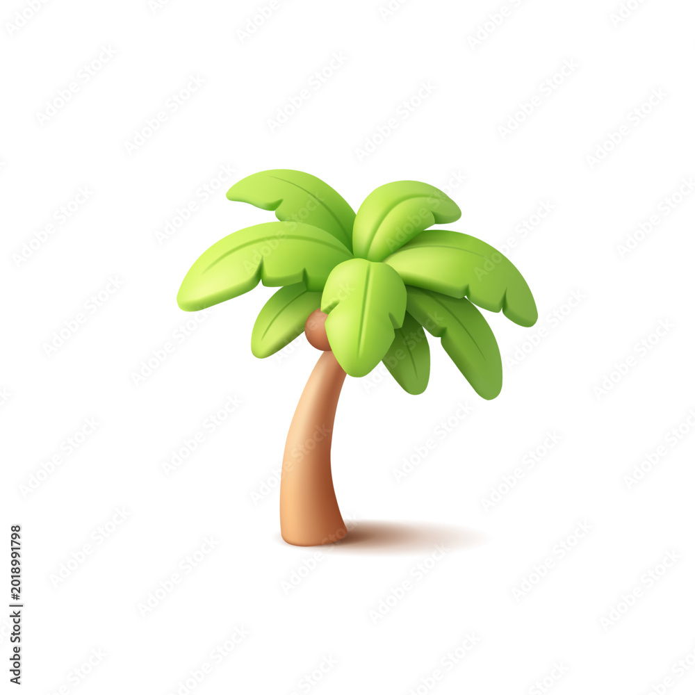 Obraz premium Palm green tree, 3D icon on white background. Tropical tree with coconut. Vector illustration.