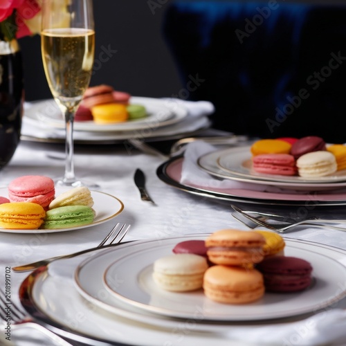 Dessert Table With Macarons and Champagne in Elegant Setting During a Gathering