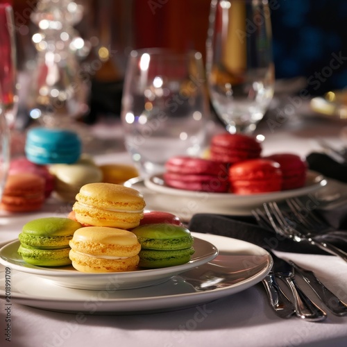 Dessert Table With Macarons and Champagne in Elegant Setting During a Gathering