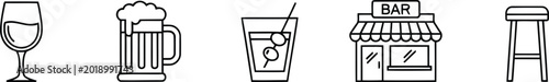 Bar icons: wine glass, beer mug, cocktail, bar shop, stool Vector