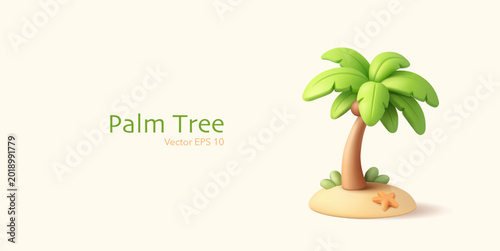 Island, palm tree, coconut, starfish, 3D. For concepts of rest, tropics, vacation. Vector illustration.