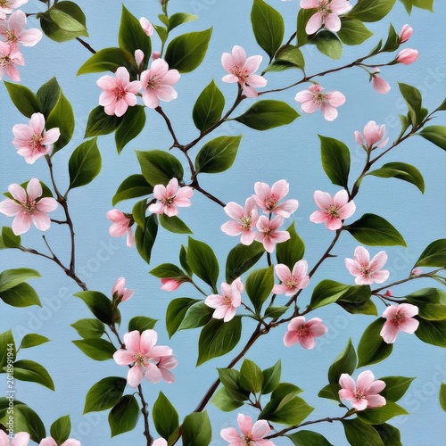 Branches With Pink Flowers Against a Blue Background Create a Bright and Colo...