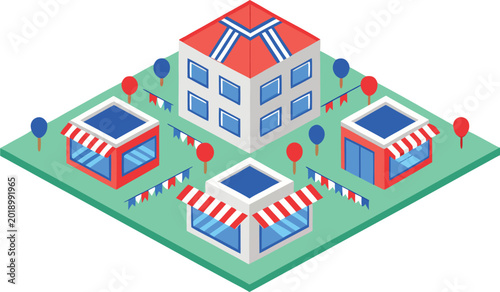 Foto Isometric icelandic independence day celebration scene with buildings and balloo