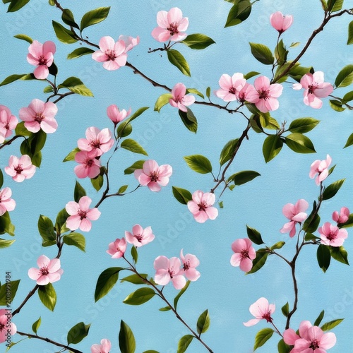 Branches With Pink Flowers Against a Blue Background Create a Bright and Colo...