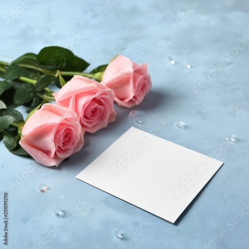 Two Pink Roses and a Blank Card on a Blue Background With Small Decorative Gems