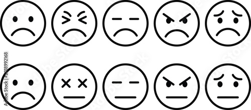 Foto Angry faces, emoticon set, sad expressions, frustrated icons, black and white