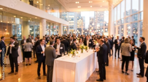 Corporate event reception with city view blurred background business professionals networking