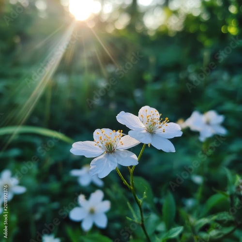 Sunlight Shines on White Flowers in a Forest During Springtime
