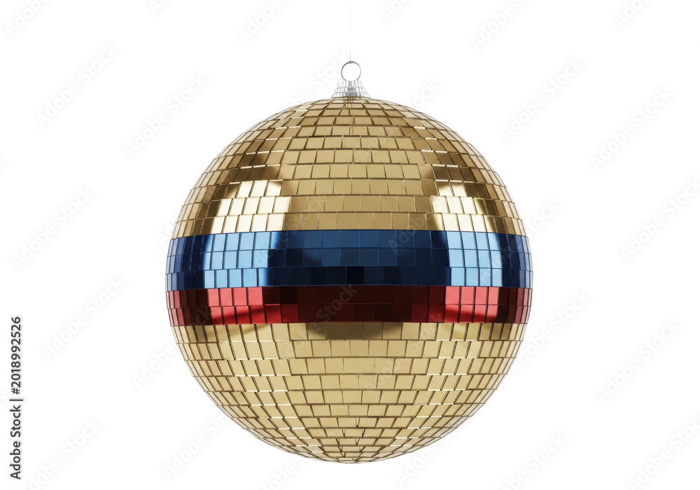 Obraz premium Golden disco ball ornament with blue and red stripes isolated on transparent background