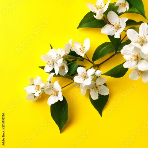 White Flowers on a Yellow Background With Green Leaves in Bright Lighting