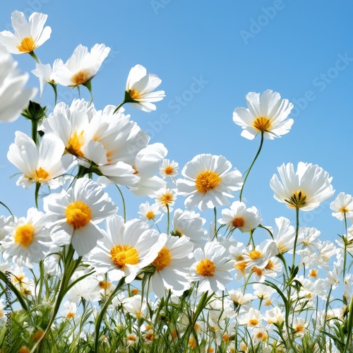 Bright White Flowers Bloom Under Clear Blue Sky in Spring Landscape With Sunl...