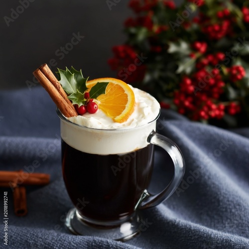 Warm Drink With Orange Slice and Cream in a Glass on Wooden Table During Wint...