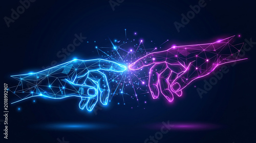 Futuristic digital touch connection concept with glowing wireframe hands in neon blue and purple lights