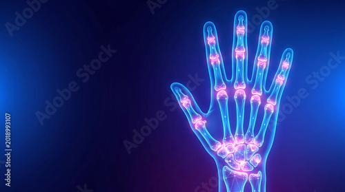Futuristic medical illustration of a human hand showing glowing joints for arthritis and pain relief