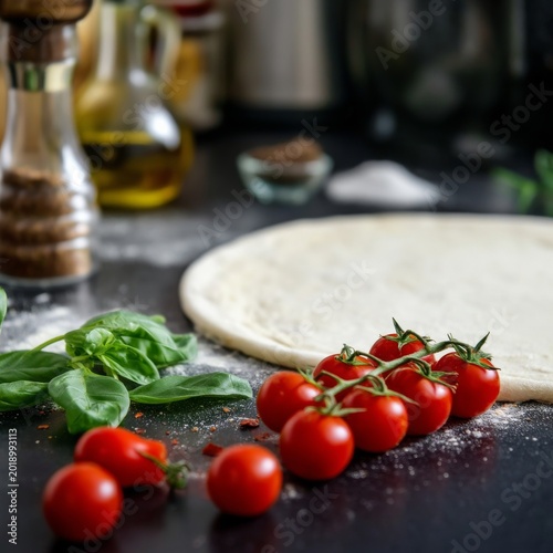 Dough Sits on a Wooden Board With Tomatoes and Fresh Basil in a Kitchen Setti...