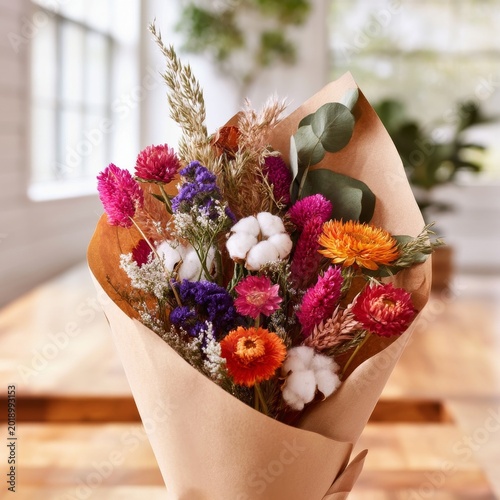 Colorful Bouquet of Dried Flowers Held in Hand Near a Bright Living Room
