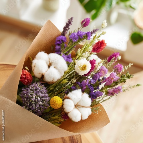 Colorful Bouquet of Dried Flowers on a Wooden Table in a Bright Indoor Space