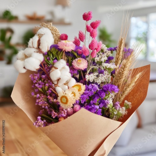 Colorful Bouquet of Dried Flowers on a Wooden Table in a Bright Indoor Space