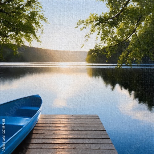 Sunrise by the Lake With a Blue Boat on a Wooden Pier Surrounded by Trees