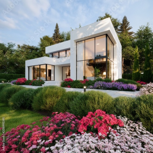 Flowers and Modern House in a Garden on a Sunny Day in the Afternoon