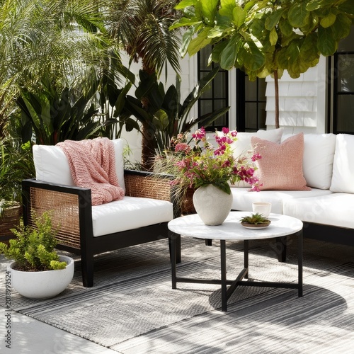 Outdoor Seating Area Surrounded by Plants and Flowers in a Sunny Garden Setting