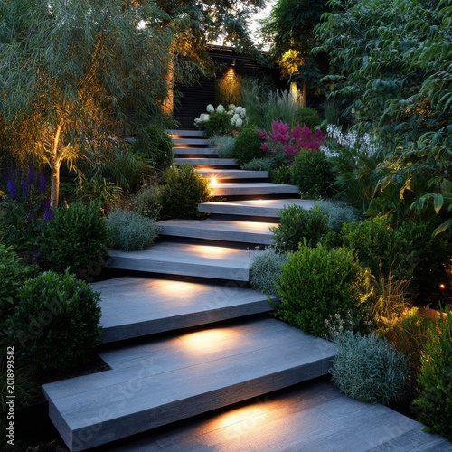 Pathway Leads to House in Garden Surrounded by Plants and Flowers During Even...