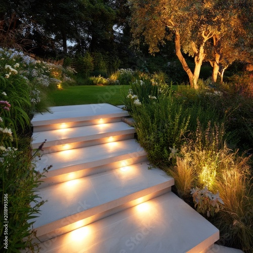 Steps With Lights in a Garden at Dusk Surrounded by Flowers and Trees