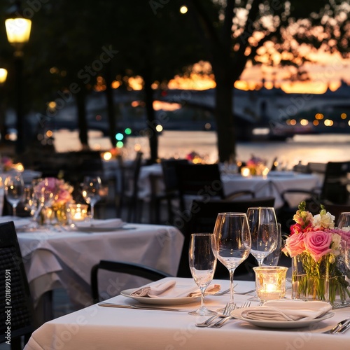 Tables Set for Dinner by the River at Sunset With Flowers and Candles in a Re...
