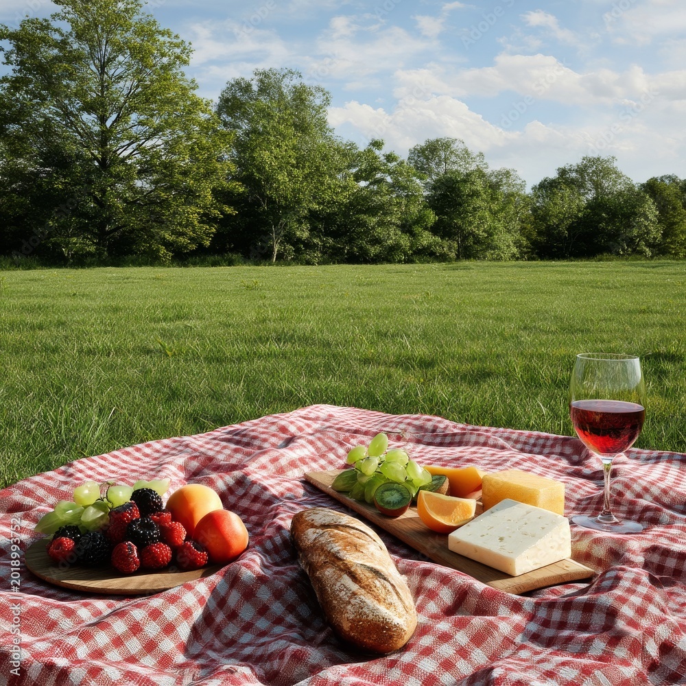 Obraz premium Picnic With Fruit, Cheese, Bread, and Wine on a Blanket in Green Field Under Sunny Sky