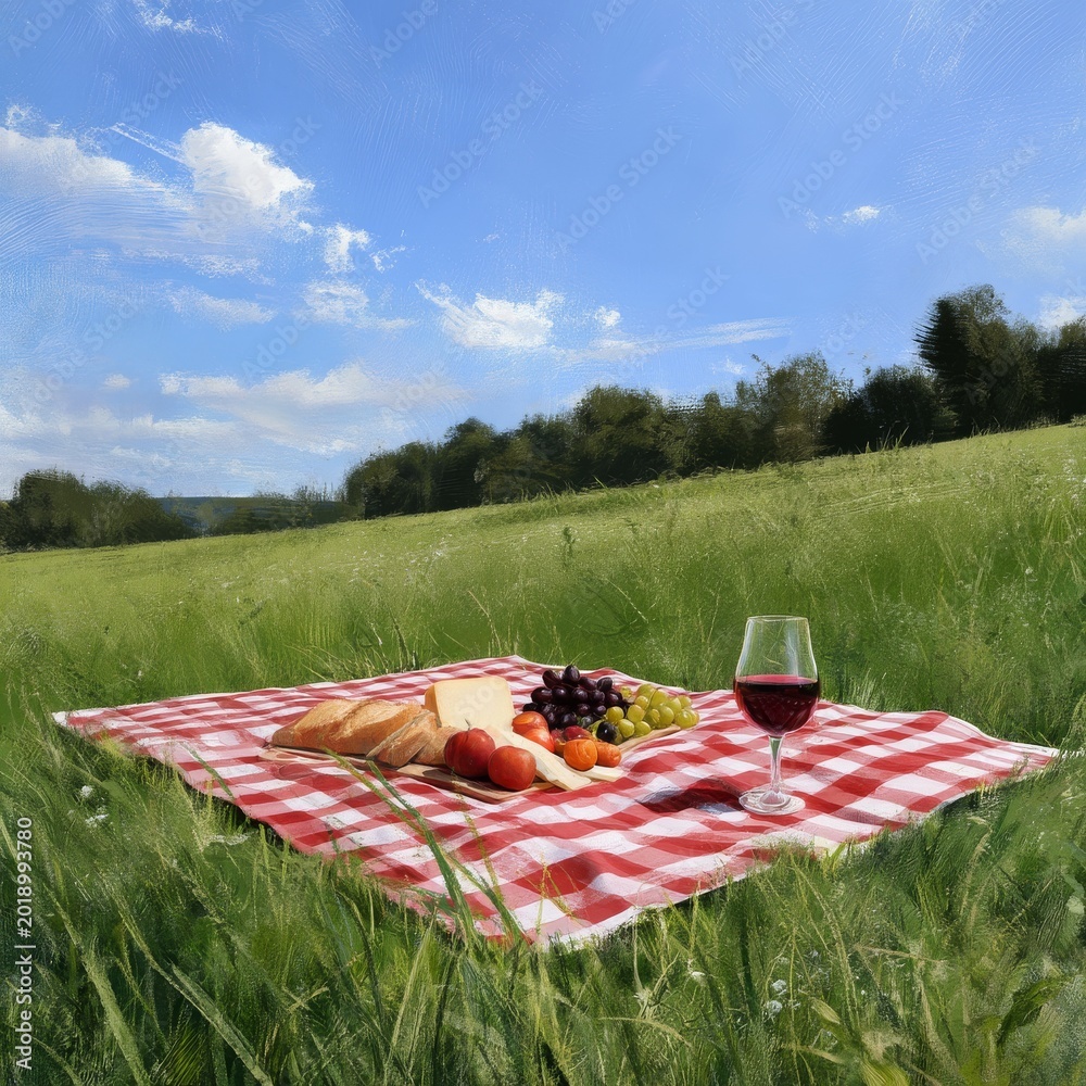 Fototapeta premium Picnic With Fruit, Cheese, Bread, and Wine on a Blanket in Green Field Under Sunny Sky