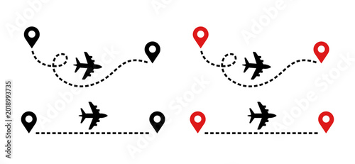 Air travel route. Airplane and map pins. Hand-drawn vector icon set.