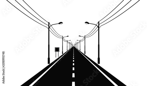 Foto Long straight road with streetlights and power lines black and white silhouette