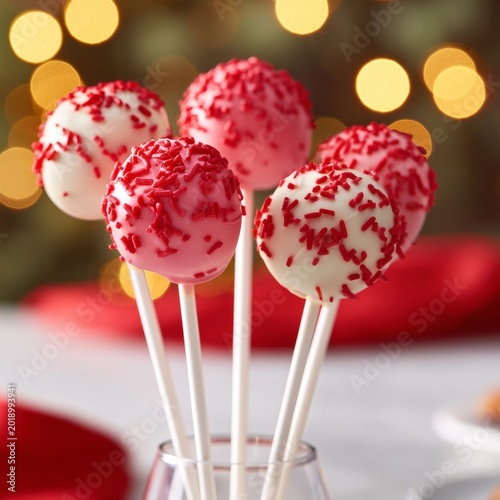Cake Pops in Pink and White With Red Sprinkles on Display for a Festive Occas...