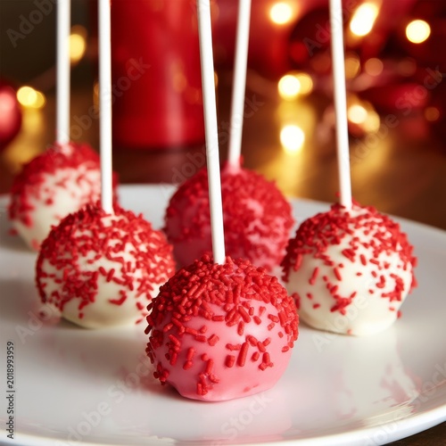 Cake Pops in Pink and White With Red Sprinkles on Display for a Festive Occas...