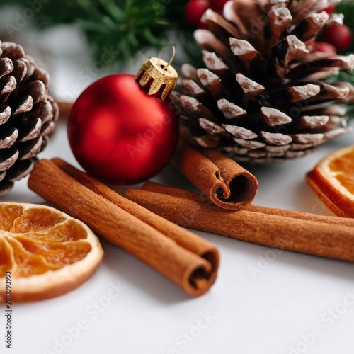 Decorative Holiday Items With Red Ball, Cinnamon Sticks, Orange Slices, and P...