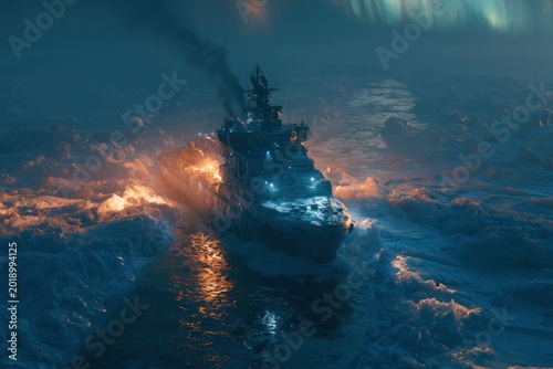 Ice-Bound Ship Traversing Polar Waters