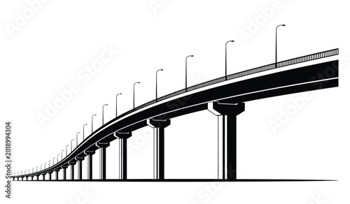 Photos Detailed black silhouette of a long curving highway bridge with streetlights on
