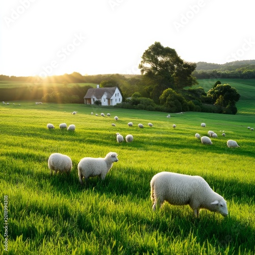 Sheep Graze on Green Grass Near a House in a Rural Area During Late Afternoon...