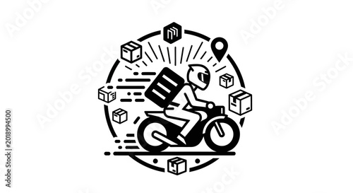 Rider delivering packages on motorcycle surrounded by boxes and map icons