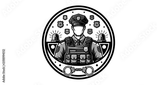 Police officer wearing tactical gear and a badge stands alert with sirens on
