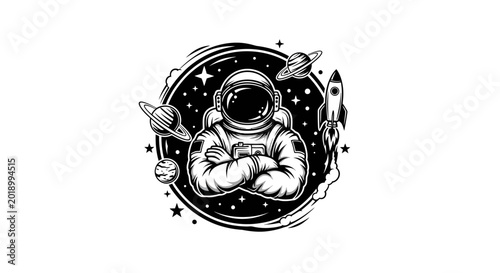 Astronaut in space with a rocket ship and stars wearing a helmet