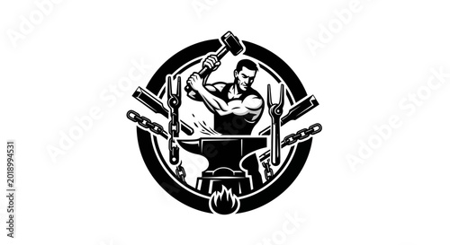 Strong man hammering on an anvil with tools around him in a circle