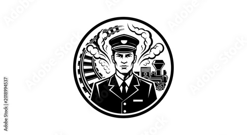 Vintage train conductor in uniform stands proudly beside locomotive with American flag