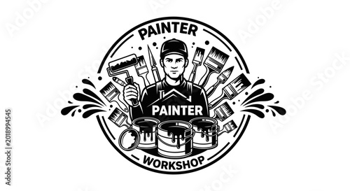 A skilled painter works diligently in a cluttered workshop surrounded by various painting tools and equipment.