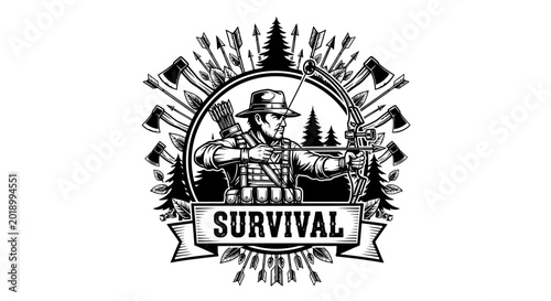 A man prepares for wilderness survival with arrows and a bow in a forest.