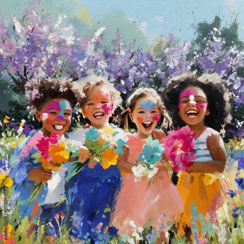 Kids Enjoy a Sunny Day in the Park While Holding Bright Flowers and Wearing C...