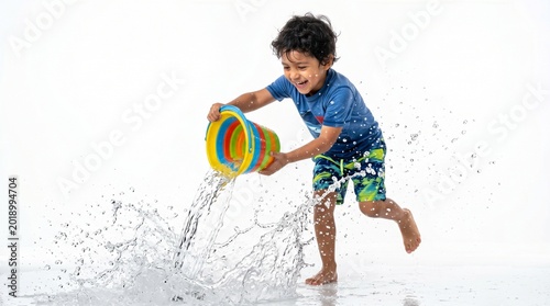 Young boy playing with water bucket.