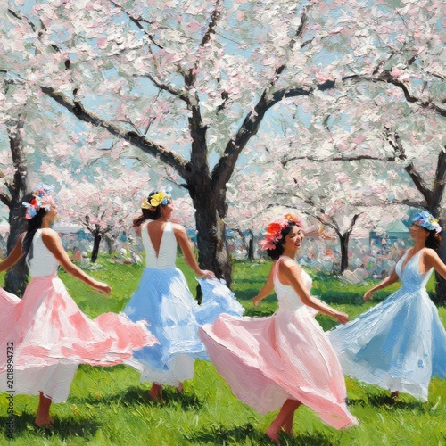 Women Dancing in a Park During Cherry Blossom Season Near a Flower Market